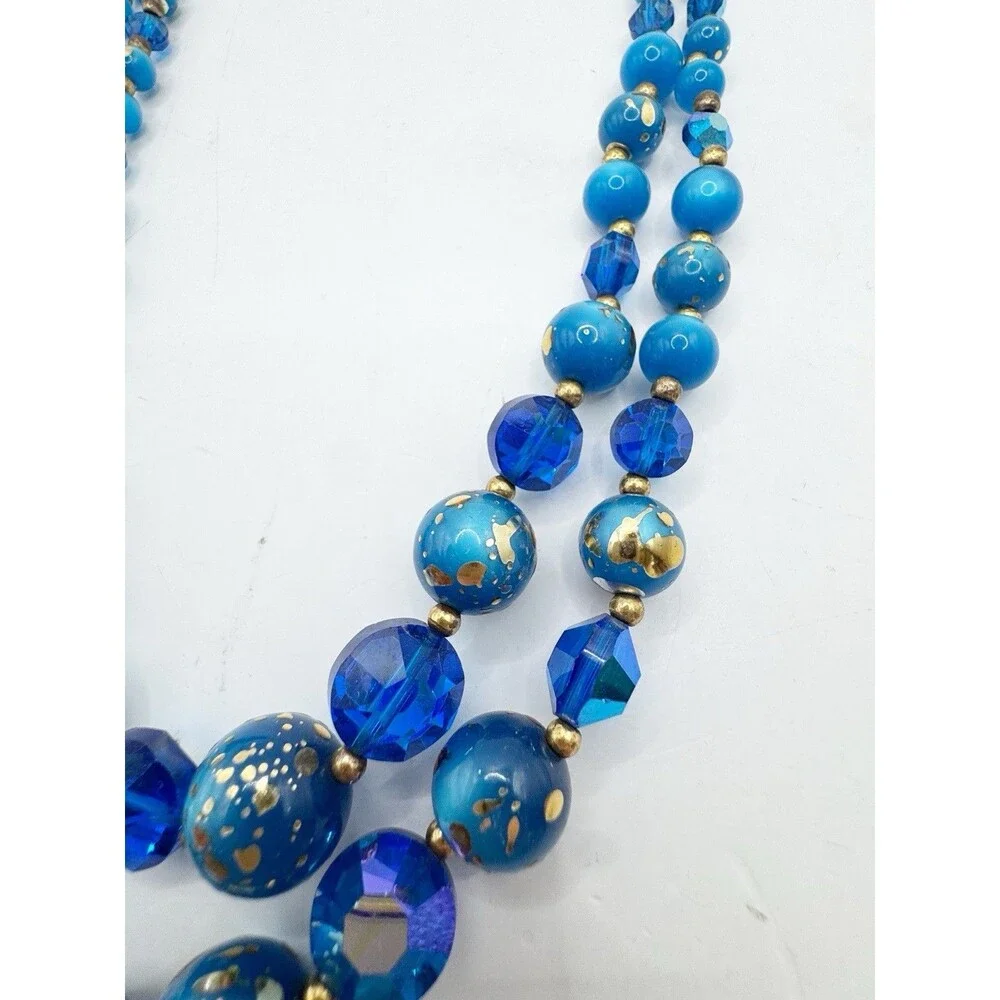 Vintage MCM Peacock Blue Iridescent Two Strand Beaded Necklace Glass Gold Fleck